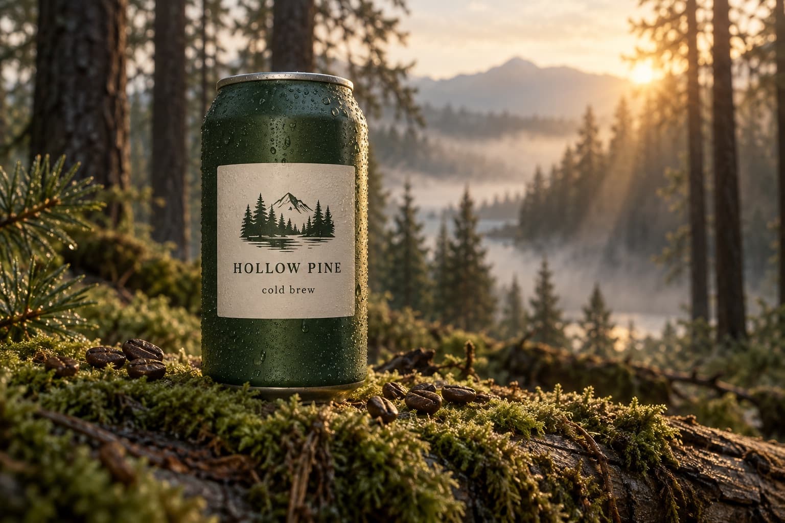 Fictional Hollow Pine cold brew can in a misty woodland setting; studio sample